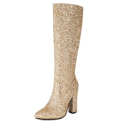 MISSUIT Damen Glitzer Kniehohe Stiefel Spitz High Heels Stiefel Kniehoch Hohe Stiefel mit Blockabsatz Langschaftstiefel Reißverschluss Schuhe(Gold,37) von MISSUIT