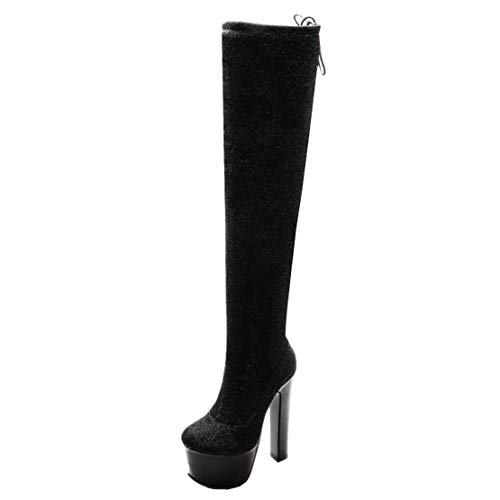 MISSUIT Damen Glitzer Overknee Stiefel High Heels Stretch Stiefel mit Schnürung und Reißverschluss Extrem Plateau Langschaftstiefel Blockabsatz(Schwarz,37) von MISSUIT