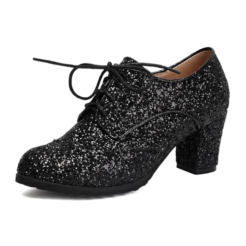 MISSUIT Damen Glitzer Oxford Pumps Schnürschuhe mit Blockabsatz(Schwarz,36) von MISSUIT