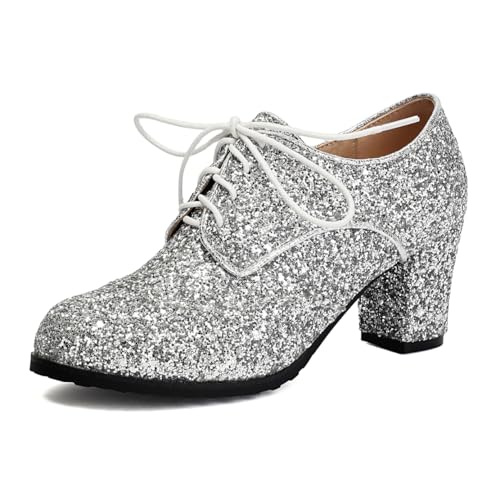 MISSUIT Damen Glitzer Oxford Pumps Schnürschuhe mit Blockabsatz(Silber,38) von MISSUIT