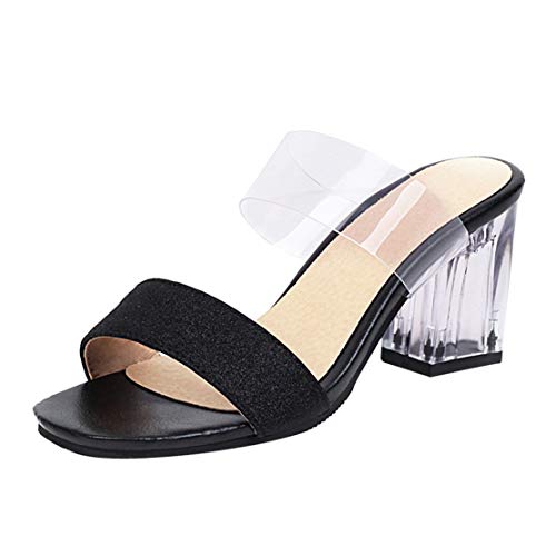 MISSUIT Damen Glitzer Pantoletten mit Blockabsatz High Heels Sandalen Transparent Mules Pantoffeln Outdoor Slipper(Schwarz,40) von MISSUIT