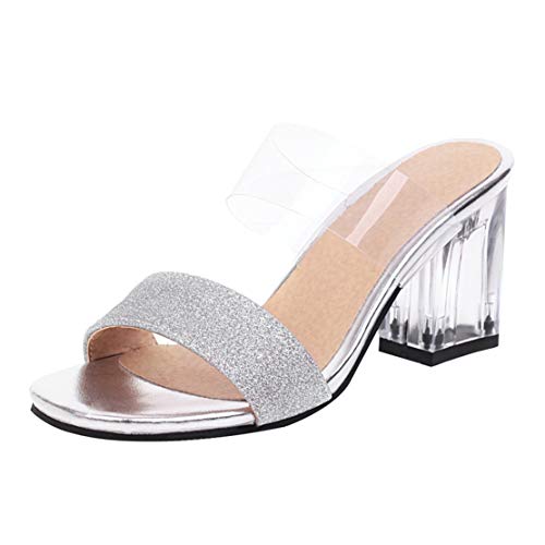 MISSUIT Damen Glitzer Pantoletten mit Blockabsatz High Heels Sandalen Transparent Mules Pantoffeln Outdoor Slipper(Silber,40) von MISSUIT