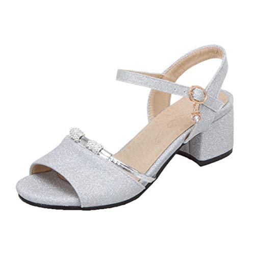 MISSUIT Damen Glitzer Sandaletten Blockabsatz Sandalen mit Riemchen 5cm Absatz Riemchensandalen Schuhe(Silber,36) von MISSUIT