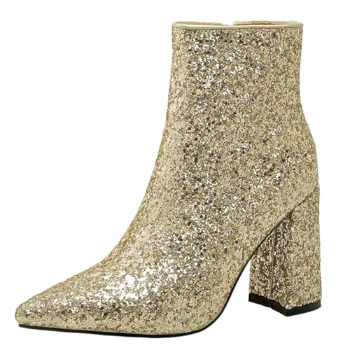 MISSUIT Damen Glitzer Stiefeletten Blockabsatz High Heels Ankle Boots Spitz Reißverschluss Schuhe(Gold,41) von MISSUIT