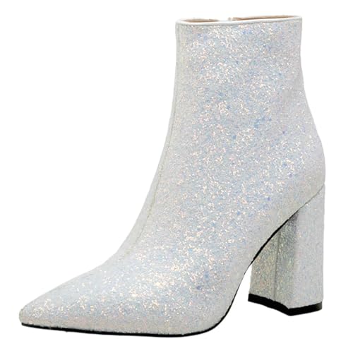 MISSUIT Damen Glitzer Stiefeletten Blockabsatz High Heels Ankle Boots Spitz Reißverschluss Schuhe(Weiß,38) von MISSUIT