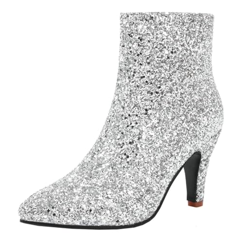 MISSUIT Damen Glitzer Stiefeletten Spitz High Heels Ankle Boots Stiletto Reißverschluss Schuhe(Silber,41) von MISSUIT