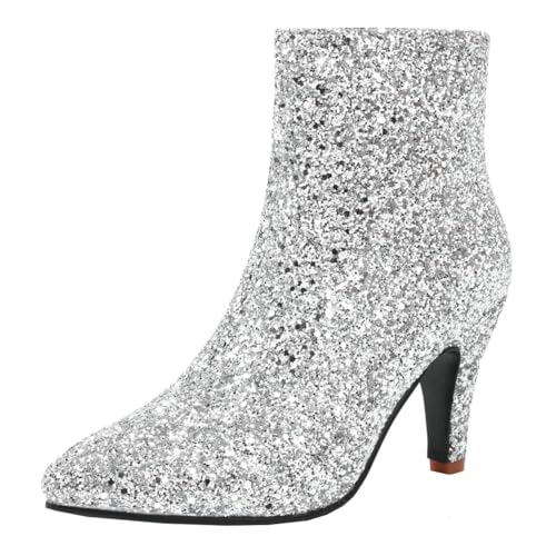 MISSUIT Damen Glitzer Stiefeletten Spitz High Heels Ankle Boots Stiletto Reißverschluss Schuhe(Silber,42) von MISSUIT