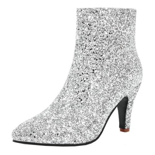 MISSUIT Damen Glitzer Stiefeletten Spitz High Heels Ankle Boots Stiletto Reißverschluss Schuhe(Silber,44) von MISSUIT