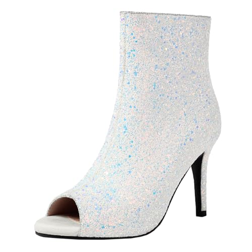 MISSUIT Damen Glitzer Stiefeletten mit Peeptoe Stiletto Ankle Boots Reißverschluss(Weiß,43) von MISSUIT
