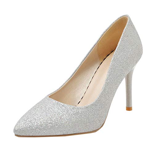 MISSUIT Damen Glitzer Stiletto High Heels Spitz Pumps Pailletten Geschlossen Hochzeits Brautschuhe(Silber,41) von MISSUIT