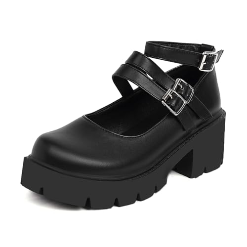 MISSUIT Damen Gothic Plateau Mary Jane Schuhe Blockabsatz Chunky Riemchen mit Schnallen(Schwarz,39) von MISSUIT