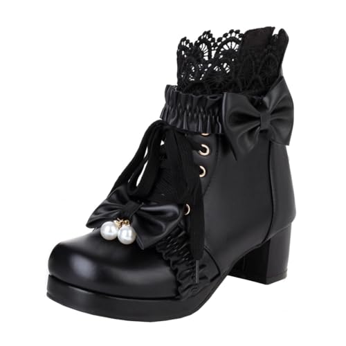 MISSUIT Damen Gothic Stiefeletten Plateau mit Spitze Perlen und Schleife Blockabsatz Schnürung(Schwarz,40) von MISSUIT