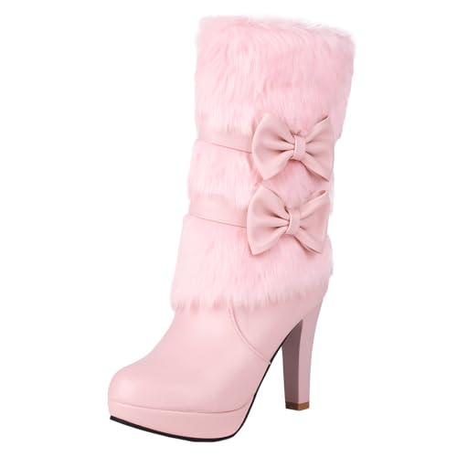 MISSUIT Damen Halbschaft Stiefel Gefüttert Warm Winterstiefel Plateau Stiefeletten High Heels Halbstiefel mit Fell Blockabsatz Schleife Reißverschluss Schuhe(Pink,36) von MISSUIT