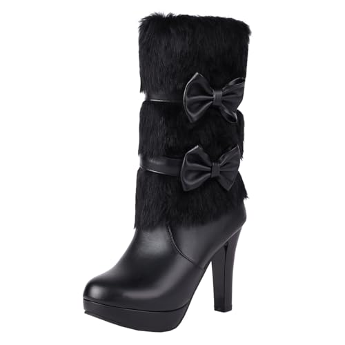 MISSUIT Damen Halbschaft Stiefel Gefüttert Warm Winterstiefel Plateau Stiefeletten High Heels Halbstiefel mit Fell Blockabsatz Schleife Reißverschluss Schuhe(Schwarz,37) von MISSUIT