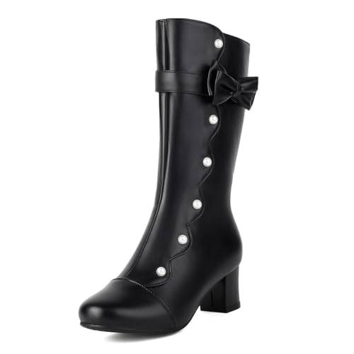MISSUIT Damen Halbstiefel Stiefel mit Perlen Blockabsatz Schleife(Schwarz,39) von MISSUIT