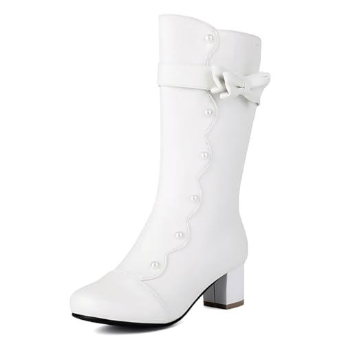 MISSUIT Damen Halbstiefel Stiefel mit Perlen Blockabsatz Schleife(Weiß,41) von MISSUIT