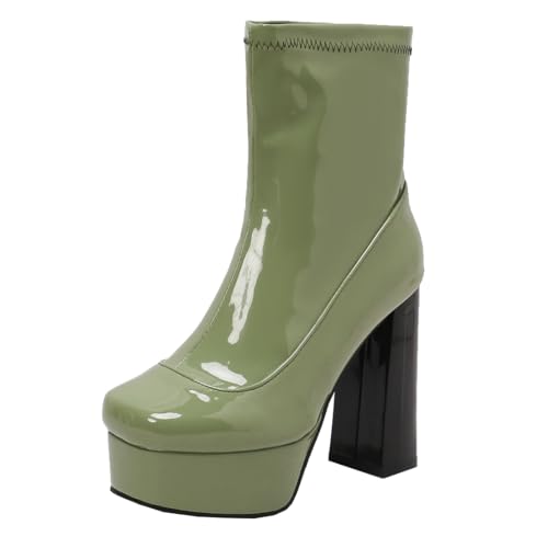 MISSUIT Damen High Heels Ankle Boots Plateau Stiefeletten Lack Blockabsatz(Grün,38) von MISSUIT