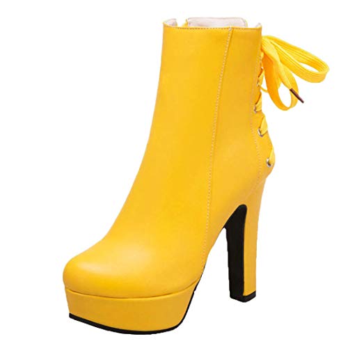 MISSUIT Damen High Heels Ankle Boots Plateau Stiefeletten mit Schnürung und Blockabsatz Reißverschluss Herbst Winter Schuhe(Gelb,45) von MISSUIT