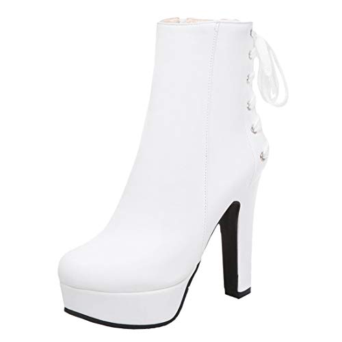 MISSUIT Damen High Heels Ankle Boots Plateau Stiefeletten mit Schnürung und Blockabsatz Reißverschluss Herbst Winter Schuhe(Weiß,39) von MISSUIT