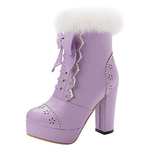 MISSUIT Damen High Heels Blockabsatz Stiefeletten mit Fell und Schleife Plateau Ankle Boots Reißverschluss Schuhe(Lila,38) von MISSUIT