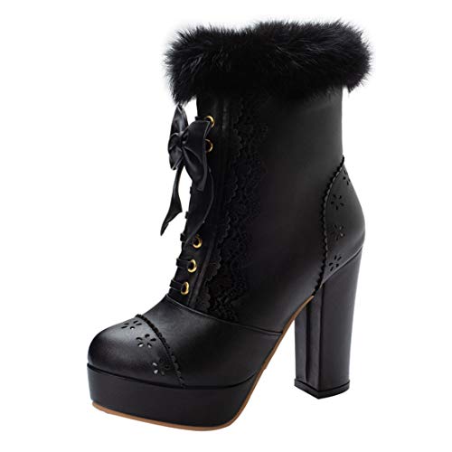 MISSUIT Damen High Heels Blockabsatz Stiefeletten mit Fell und Schleife Plateau Ankle Boots Reißverschluss Schuhe(Schwarz,37) von MISSUIT