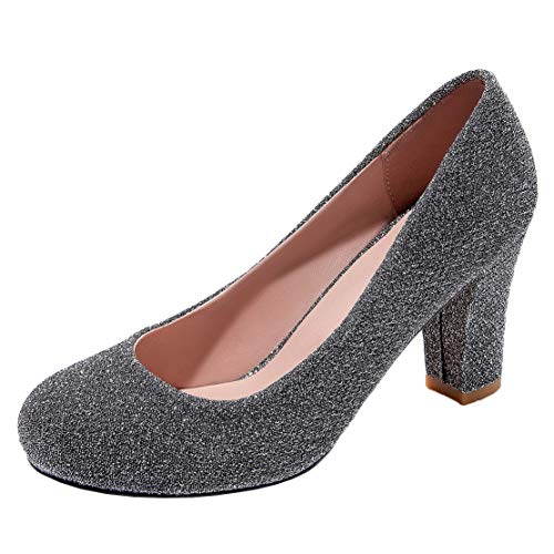 MISSUIT Damen High Heels Glitzer Pumps mit Blockabsatz Geschlossen Chunky Heels Pumps 8cm Absatz von MISSUIT