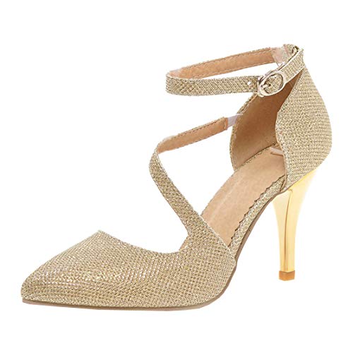 MISSUIT Damen High Heels Glitzer Pumps mit Riemchen Stiletto Pumps Spitz 8cm Absatz Kleid Hochzeit Brautschuhe(Gold,35) von MISSUIT