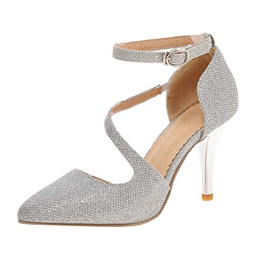 MISSUIT Damen High Heels Glitzer Pumps mit Riemchen Stiletto Pumps Spitz 8cm Absatz Kleid Hochzeit Brautschuhe(Silber,35) von MISSUIT