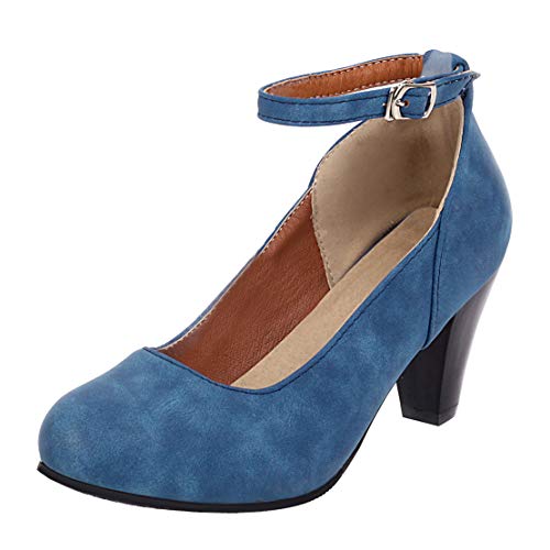 MISSUIT Damen High Heels Knöchelriemchen Blockabsatz Pumps Riemchen Dicker Absatz Schuhe(Blau,39) von MISSUIT