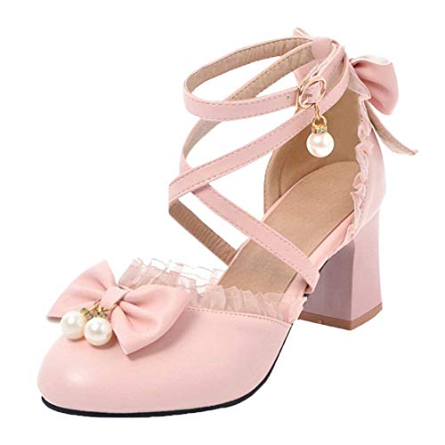 MISSUIT Damen High Heels Knöchelriemchen Blockabsatz Pumps mit Riemchen und Schleife Cross Strap Rockabilly Schuhe(Pink,42) von MISSUIT