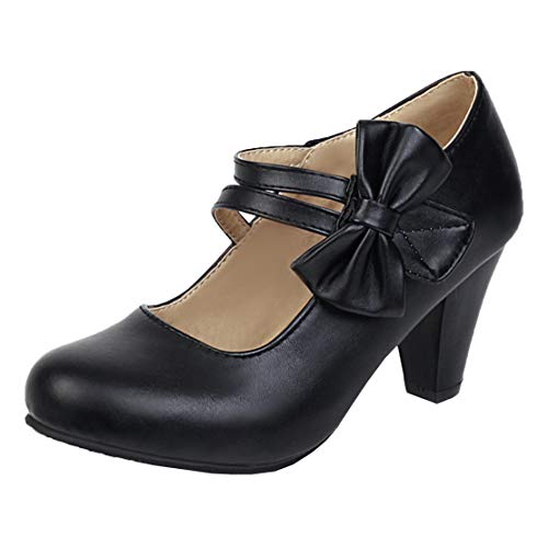 MISSUIT Damen High Heels Mary Jane Damenschuhe Blockabsatz Pumps mit Schleife und Riemchen Klettverschluss(Schwarz,38) von MISSUIT