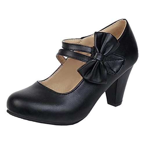 MISSUIT Damen High Heels Mary Jane Damenschuhe Blockabsatz Pumps mit Schleife und Riemchen Klettverschluss(Schwarz,41) von MISSUIT