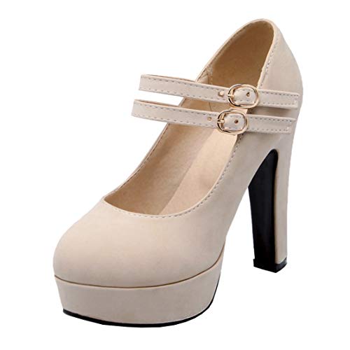 MISSUIT Damen High Heels Mary Janes Pumps mit Blockabsatz und Riemchen Plateau(Beige,42) von MISSUIT