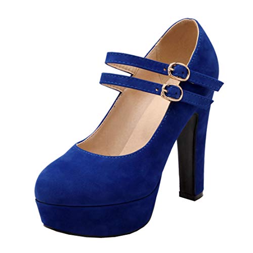 MISSUIT Damen High Heels Mary Janes Pumps mit Blockabsatz und Riemchen Plateau(Blau,42) von MISSUIT