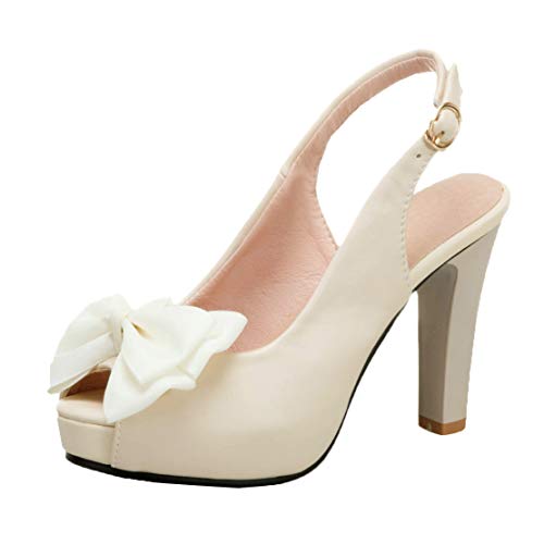 MISSUIT Damen High Heels Peeptoe Pumps mit Plateau und Blockabsatz Schleife Slingback Rockabilly Kleid Schuhe(Beige,37) von MISSUIT