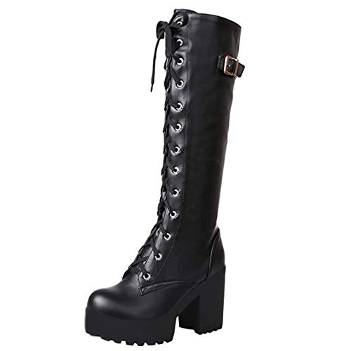 MISSUIT Damen High Heels Plateau Kniehohe Stiefel mit Blockabsatz Langschaftstiefel zum Schnüren High Knee Stiefel(Schwarz,34) von MISSUIT