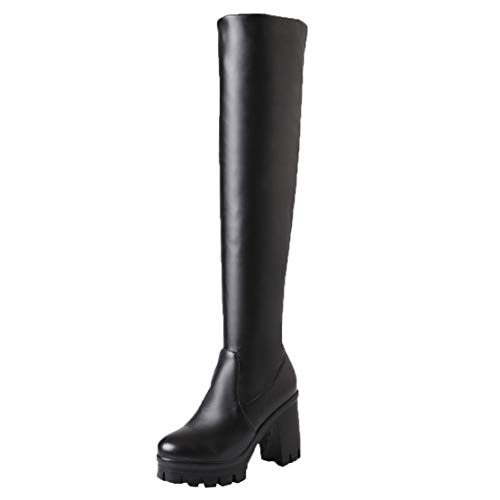 MISSUIT Damen High Heels Plateau Overkneestiefel Chunky Heel Langschaftstiefel Blockabsatz Boots(Schwarz,42) von MISSUIT