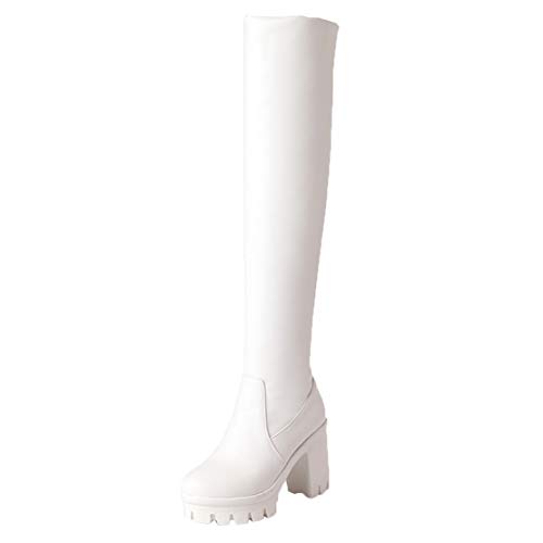 MISSUIT Damen High Heels Plateau Overkneestiefel Chunky Heel Langschaftstiefel Blockabsatz Boots(Weiß,36) von MISSUIT