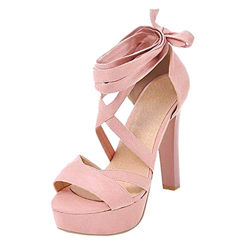 MISSUIT Damen High Heels Plateau Sandalen mit Schnürung und Blockabsatz Sommer Hohe Sandaletten 12cm Absatz Schuhe(Pink,35) von MISSUIT