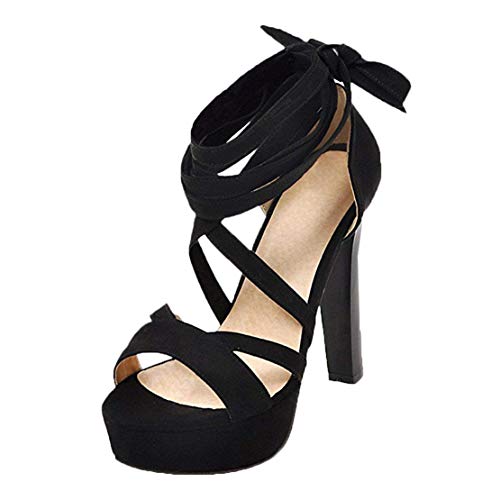 MISSUIT Damen High Heels Plateau Sandalen mit Schnürung und Blockabsatz Sommer Hohe Sandaletten 12cm Absatz Schuhe(Schwarz,34) von MISSUIT