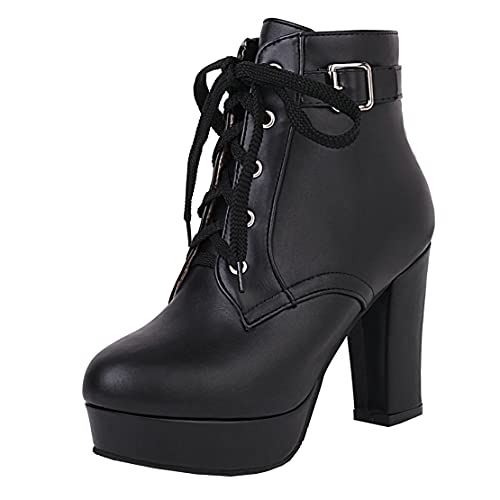 MISSUIT Damen High Heels Plateau Stiefeletten Blockabsatz Schnüren Chunky Heels Ankle Boots mit Schnürung Schuhe(Schwarz,40) von MISSUIT