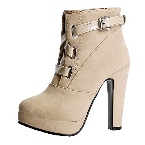 MISSUIT Damen High Heels Plateau Stiefeletten mit Schnallen und Blockabsatz Ankle Boots Platform Schuhe(Beige,38) von MISSUIT