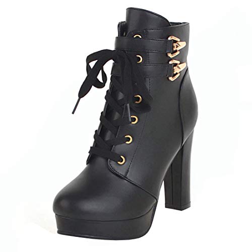 MISSUIT Damen High Heels Stiefeletten Blockabsatz Ankle Boots mit Plateau und Schnürung (Schwarz,EU37) von MISSUIT