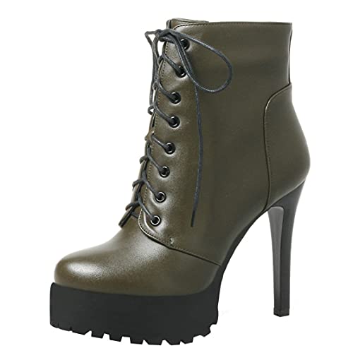 MISSUIT Damen High Heels Stiefeletten Plateau Ankle Boots mit Schnürung und 11cm Absatz Stiletto Winter Schuhe((Grün,36) von MISSUIT