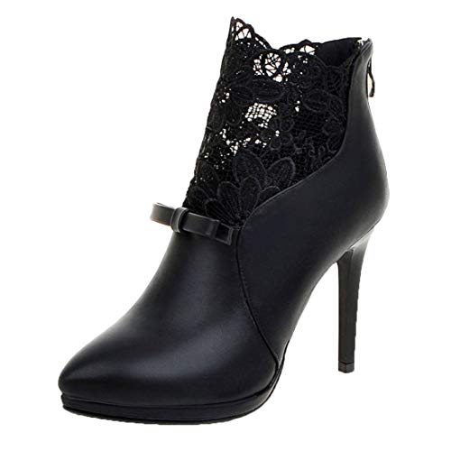 MISSUIT Damen High Heels Stiefeletten Stiletto Ankle Boots mit Spitze und Schleife Reißverschluss Hinten(Schwarz,35) von MISSUIT