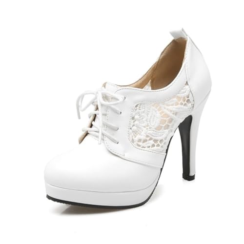 MISSUIT Damen High Heels Stiletto Pumps mit Schnürung Plateau 10cm Absatz Cut Out Spitze Elegant Schuhe(Weiß,35) von MISSUIT