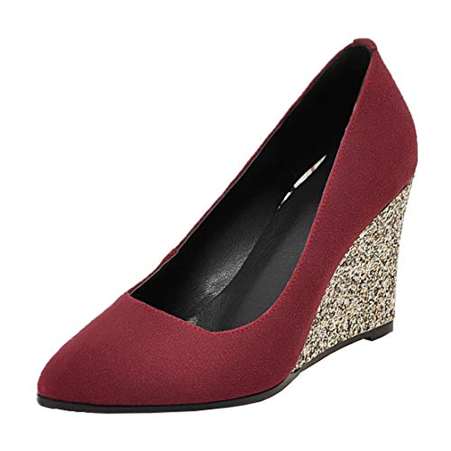 MISSUIT Damen Keilabsatz High Heels Geschlossen Pumps Glitzer Spitz Wedges Slip on Schuhe(Weinrot,39) von MISSUIT