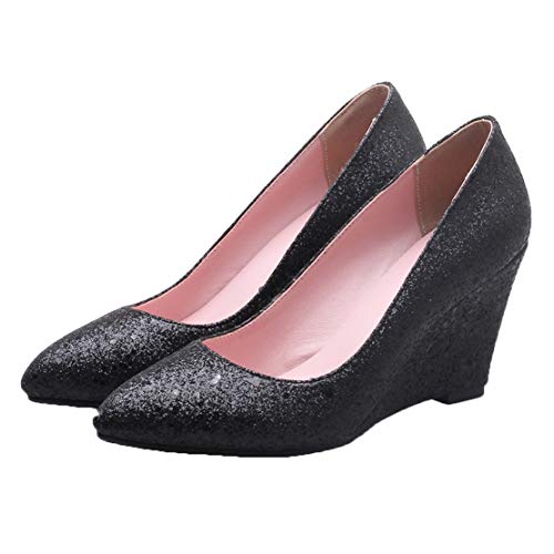 MISSUIT Damen Keilabsatz High Heels Glitzer Pumps Spitz Wedges 8cm Absatz Ohne Verschluss Schuhe(Schwarz,35) von MISSUIT