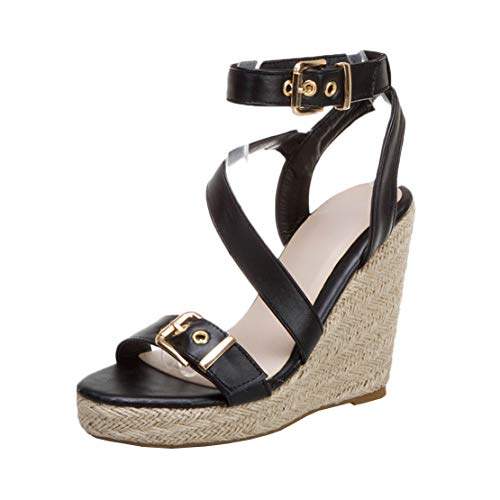 MISSUIT Damen Keilabsatz High Heels Plateau Sandalen mit Riemchen Espadrilles Wedges Sandaletten Schnalle Schuhe(Schwarz,41) von MISSUIT