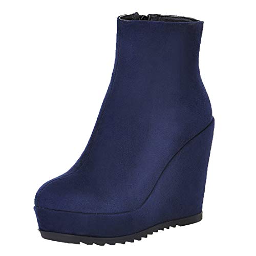 MISSUIT Damen Keilabsatz Plateau Stiefeletten High Heels mit Reißverschluss Ankle Boots Wedges Herbst Winter Schuhe(Blau,34) von MISSUIT